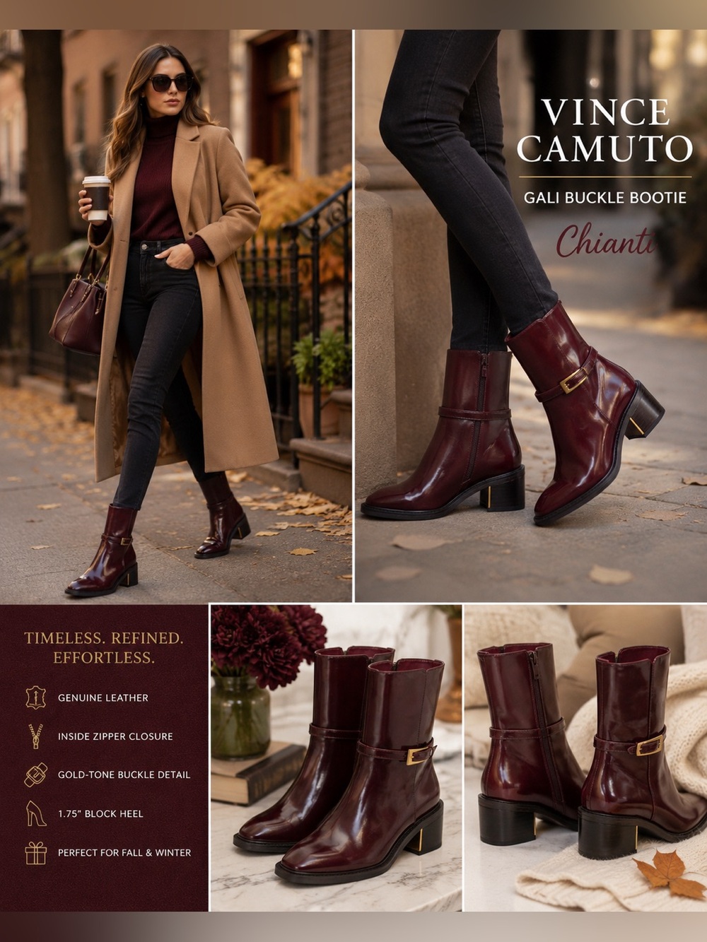 Vince Camuto Gali Chianti Burgundy Leather Buckle Ankle Booties 6.5 NEW